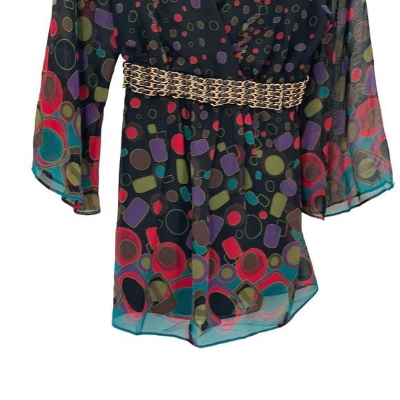 Bisou Bisou Michele Bohbot 3/4 Bell Sleeve Tunic/Top Black Multi Geometric XS - Picture 8 of 9